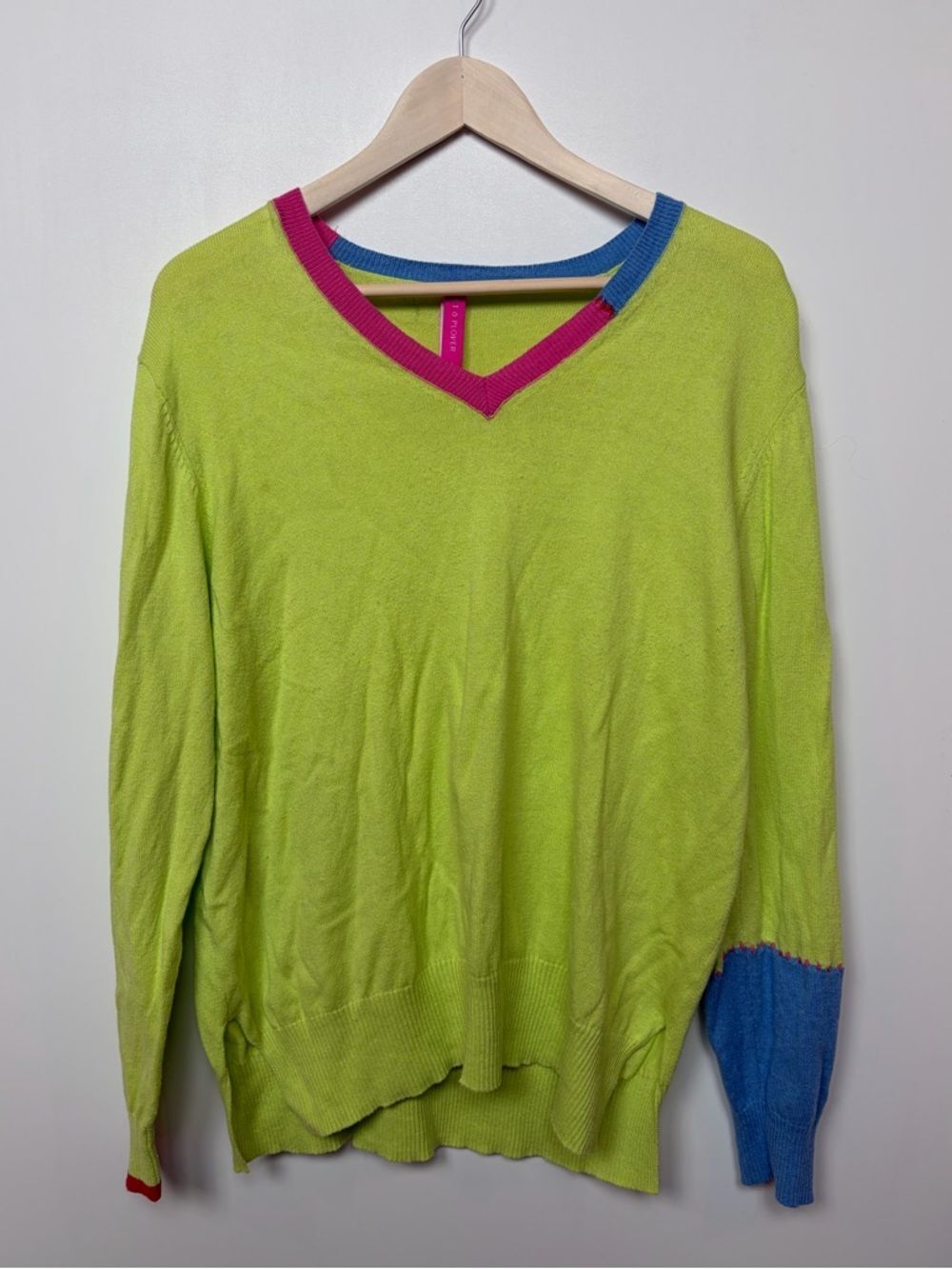 Zaket & Plover Colorblock V-Neck Sweater Lime Green Pink Blue Cashmere Cotton XL